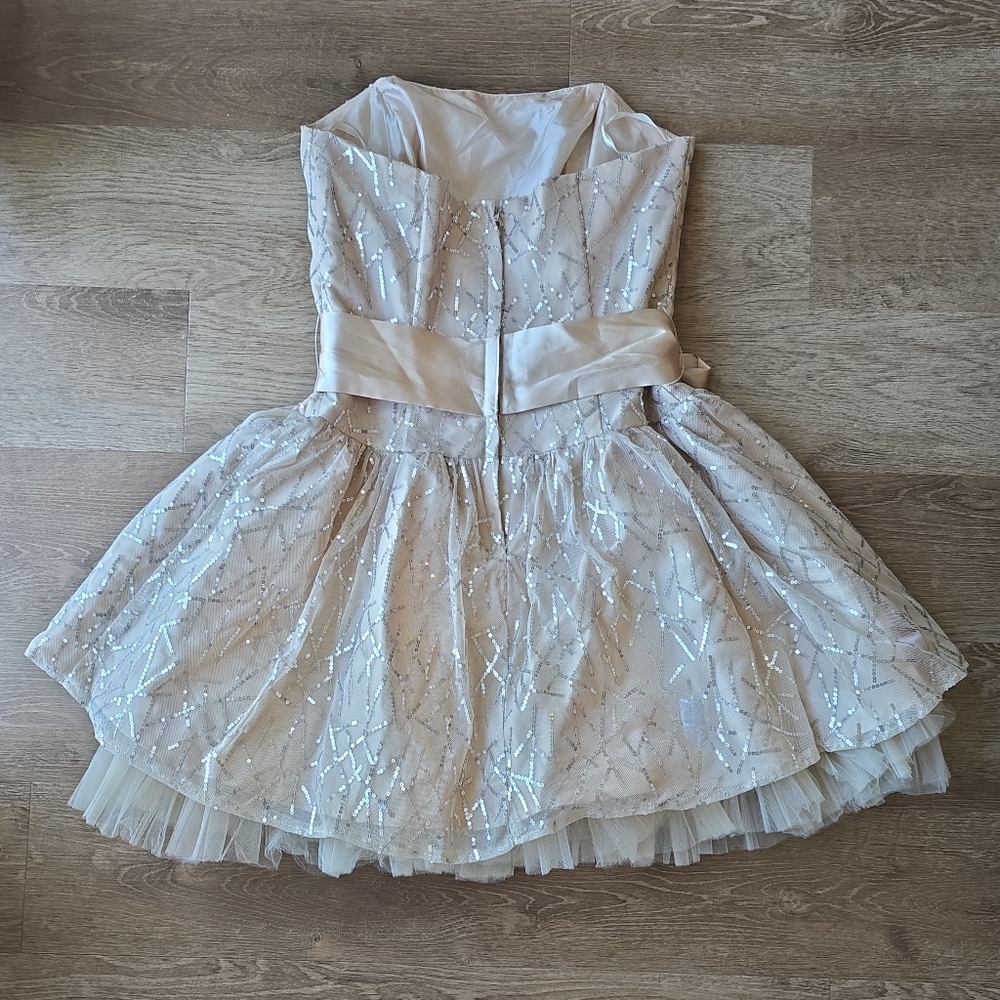 Vintage Jessica McClintock Champagne Sequin Belted Strapless Tulle Dress 9 Y2K - Picture 7 of 13